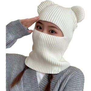 Women's White Winter Hat Warm Hooded Scarf Hat Balaclava Knit Skull Beanie